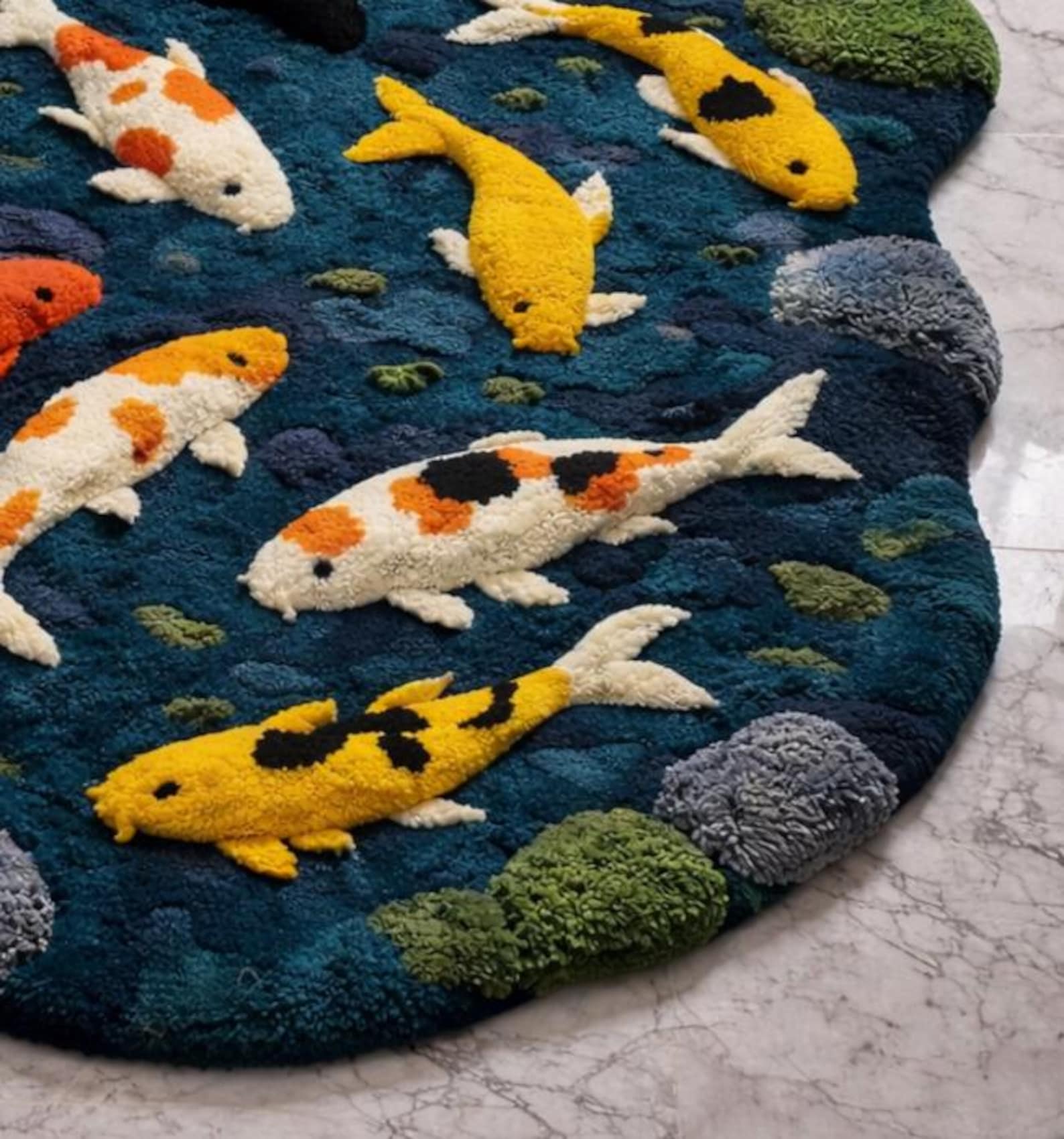 Fish Tuft Rug Handmade Koi Fish Rug | Wavy Pond Design Carpet | Japanese Zen Art Rug ...