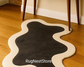 Modern Abstract Hand Tufted Wool Rug | Irregular Shape Designer Carpet | Black & Ivory Luxury Area Rug for Living Room  Bedroom