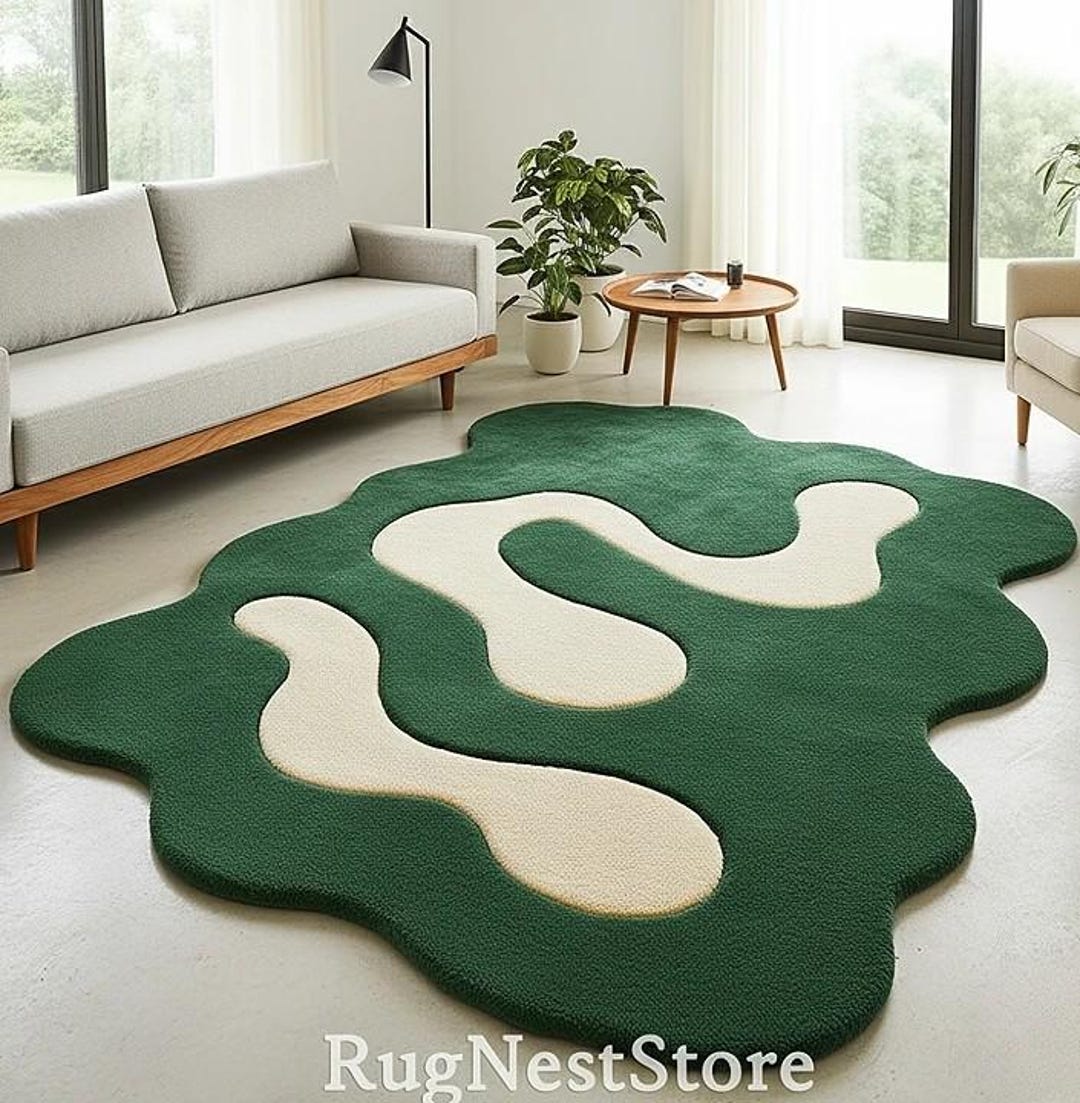 Modern Organic Wavy Hand Tufted Rug - Unique Color Green and Cream ...