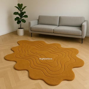 Abstract Gold Tufted Wool Rug: Irregular Modern Carpet Rug All Size Available 4×6,6×9.