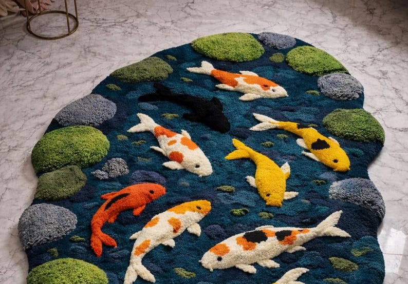 Handmade Koi Fish Rug | Wavy Pond Design Carpet | Japanese Zen Art Rug ...