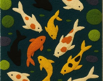 Handmade Koi Fish Rug | Wavy Pond Design Carpet | Japanese Zen Art Rug | Colorful Tufted Carpets for Living Room, Bedroom & Meditation Space