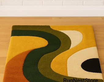 Alfombra de lana tejida a mano – Diseño abstracto ondulado en amarillo mostaza y verde oliva
