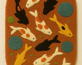 Koi Pond Hand-Tufted Area Rug – Modern Fish Pattern Wool Carpet, Oval Artistic Floor Rug for Living Room & Kids Room Decor