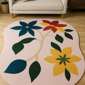 Handmade Floral Tufted Wool Rug: Vibrant Flower Design Rug..