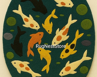 Handmade Koi Fish Rug – 3D Pond Design Carpet | with Pebbles Moss Nature Colorful Tufted Carpets For Living Room & floor decor Space Rug