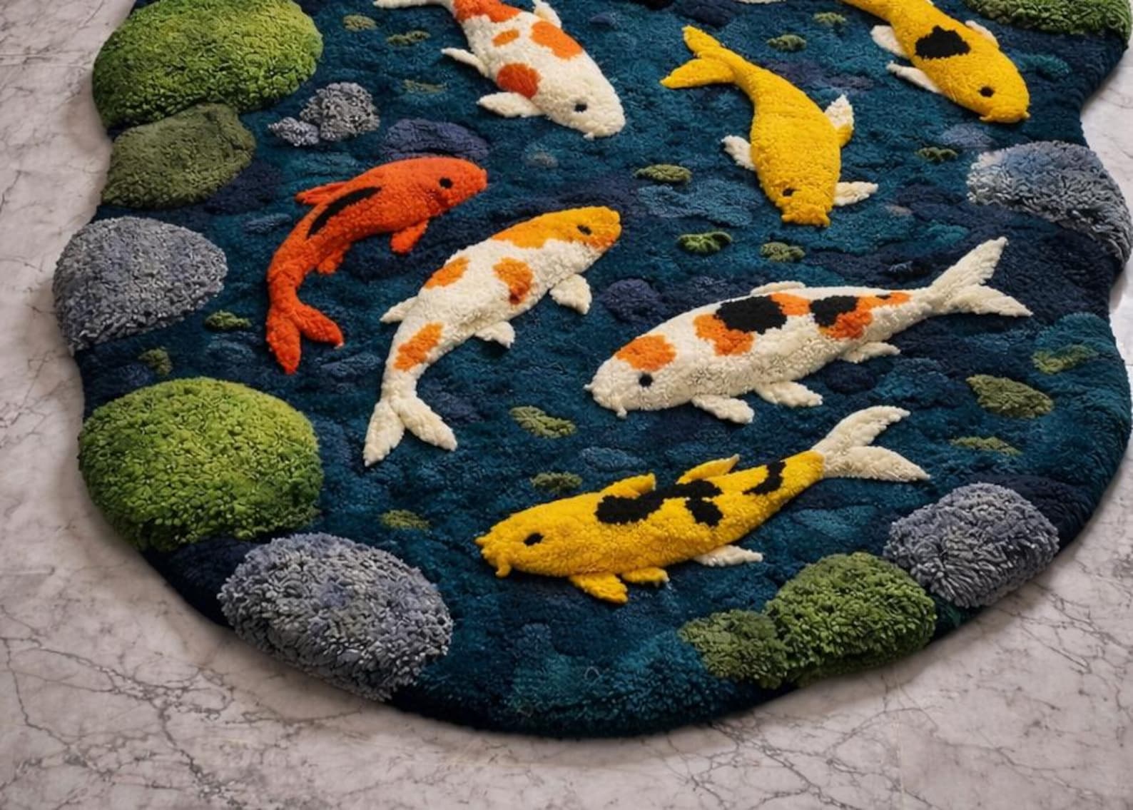 Pond Rug Design Handmade Koi Fish Rug | Wavy Pond Design Carpet | Japanese Zen Art Rug ...