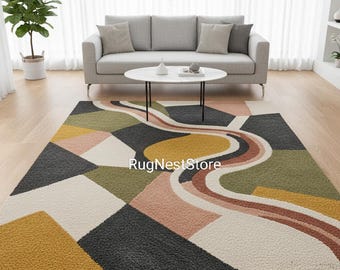 Modern Abstract Hand Tufted Wool Area Rug – Geometric Multicolor Design Rug | For Living Room.