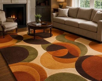 Retro Geometric Circle Tufted Rug, Mid Century Modern Area Rug, Handmade Orange Green Abstract Carpet, 70s Style Plush Wool Living Room Rug