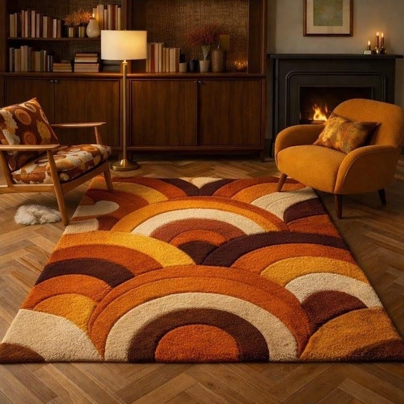 Retro Rainbow Arch Area Rug | Handmade Tufted Mid Century Modern Carpet | 70s Geometric Orange Brown Shag Rug | Boho Living Room Decor