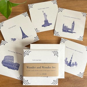 Wander and Wonder Set – 5 Delft Blue City Postcards & 5 Envelopes, Hand Drawn, Travel-Inspired Gift for Her, Minimal Stationery, Eco