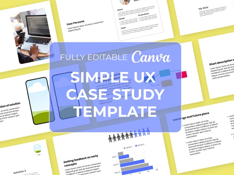 Puede incluir: Una plantilla de Canva para un estudio de caso de UX simple. El dise&ntilde;o presenta una superposici&oacute;n azul con el texto "FULLY EDITABLE Canva SIMPLE UX CASE STUDY TEMPLATE". El fondo incluye varias diapositivas con texto y gr&aacute;ficos.