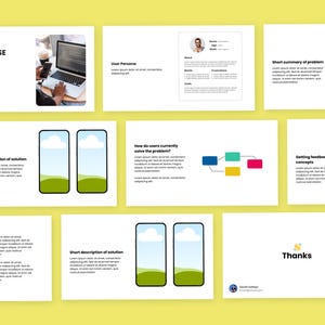 Puede incluir: Una presentaci&oacute;n sobre un fondo amarillo con diapositivas blancas. Las diapositivas incluyen texto y gr&aacute;ficos, como maquetas de tel&eacute;fonos inteligentes, gr&aacute;ficos y una computadora port&aacute;til. La diapositiva del t&iacute;tulo dice "DESCRIPTIVE TITLE FOR CASE STUDY".