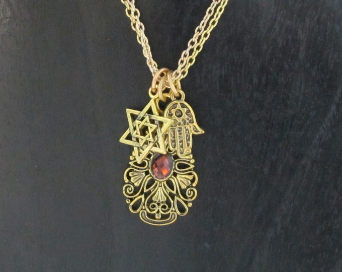Jewish Symbols Hamsa and Magen David Charms Double Chain Necklace NC-0025 Gold Plated Pendant