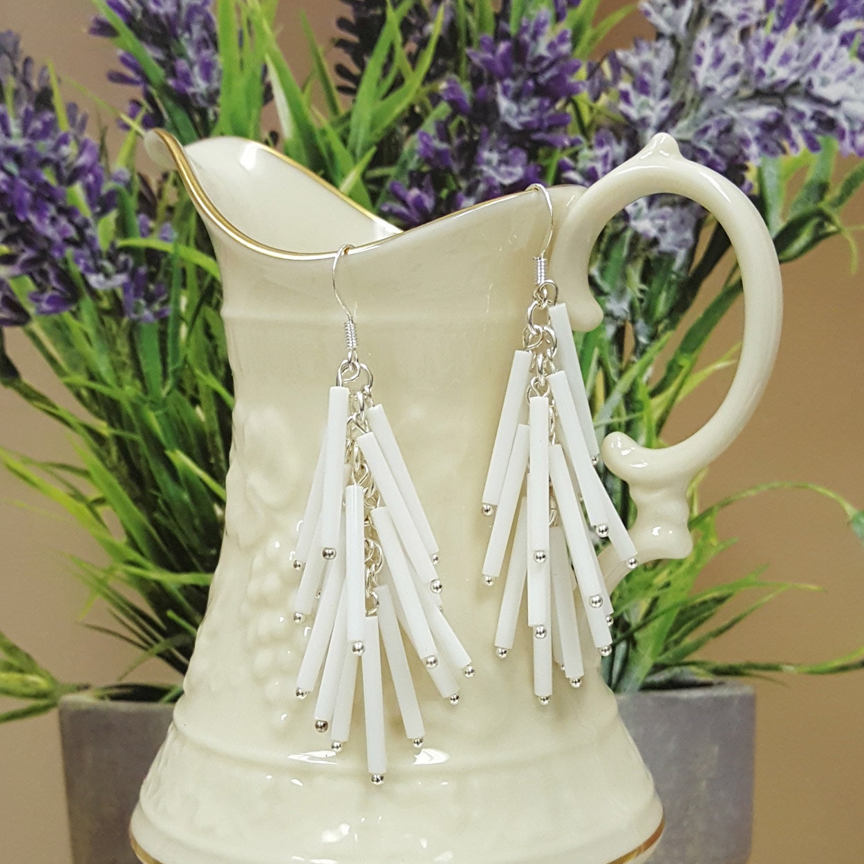 White Vintage Long Bugle Beads Falling Cascade Earrings Etsy