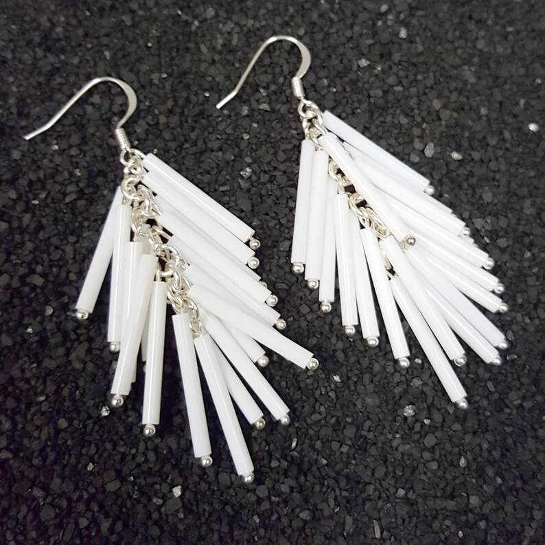 White Vintage Long Bugle Beads Falling Cascade Earrings Etsy