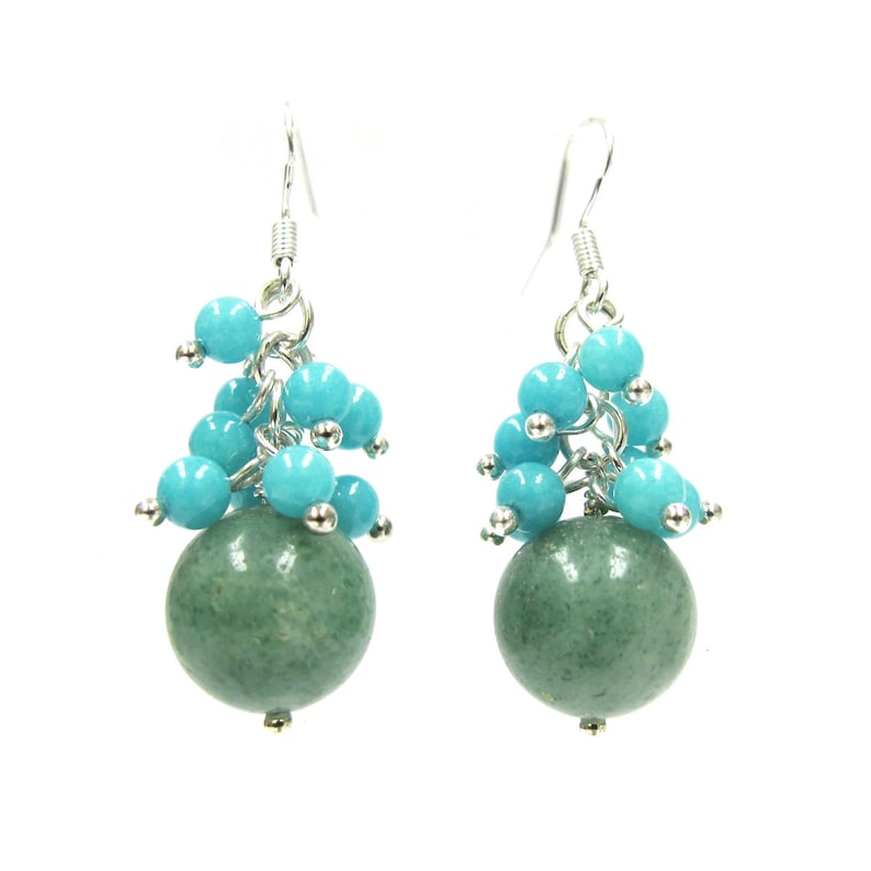 Green Jade and Amazonite Beads Cluster Sterling Silver Earrings ER-0228