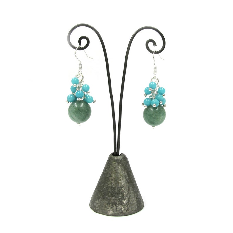 Green Jade and Amazonite Beads Cluster Sterling Silver Earrings ER-0228