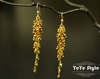 Cascading Cluster Long Dangle Antiqued Gold Swarovski Beads Earrings, Gold Filled Earrings, Statement Earrings,  ER-0333
