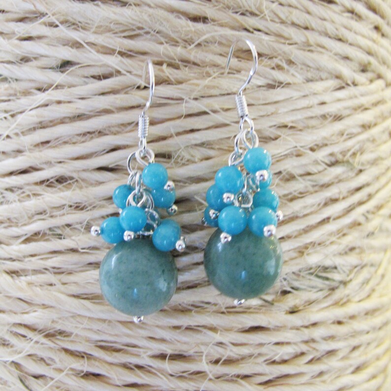 Green Jade and Amazonite Beads Cluster Sterling Silver Earrings ER-0228