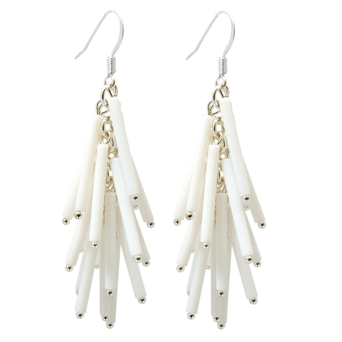 White Vintage Long Bugle Beads Falling Cascade Earrings Etsy