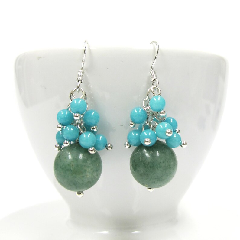 Green Jade and Amazonite Beads Cluster Sterling Silver Earrings ER-0228