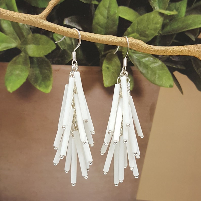 White Vintage Long Bugle Beads Falling Cascade Earrings Etsy