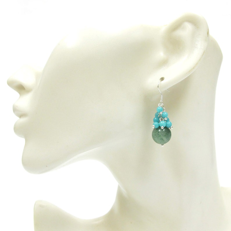 Green Jade and Amazonite Beads Cluster Sterling Silver Earrings ER-0228