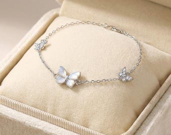 Glow in the Dark Butterfly Bracelet | 925 Sterling Silver Gift for Her | Floral Chain Jewelry