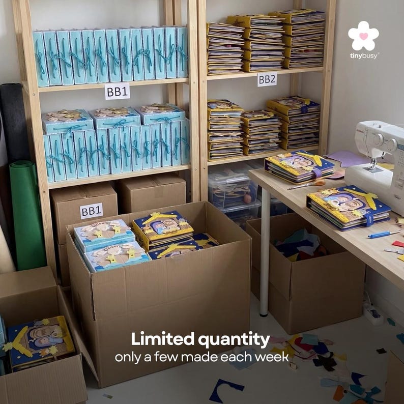 Pu&ograve; includere: Scaffali in legno pieni di scatole e libri. Alcune scatole sono azzurre con nastri, altre di cartone. Libri con copertine colorate sono in scatole e su un tavolo. Il testo "Limited quantity only a few made each week" &egrave; visibile.