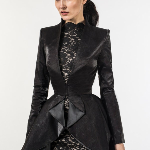 Long Gothic Maxi Dress Coat, Pleated Autumn Haute Couture Jacket | Gia