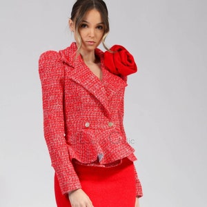 Red Wool suit for women with pencil skirt, with red rose, business suit, Carmen 4