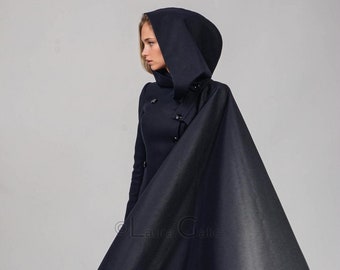 Long Wool Coat with Skirt and Hood, long winter handmade overcoat | Rebecca