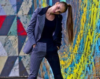 Two-Tone Women's Pant Suit, Single Breasted Blazer, Fitted Pants