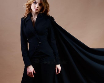 Black Cape Suit, Asymmetrical Pants, Feathers, Lace, Beaded