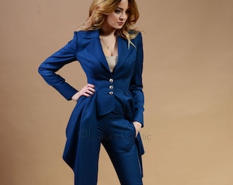 Traje azul para mujer, traje de chaqueta y pantalón ajustado, pantalón tapered con blazer, Gilda Suit