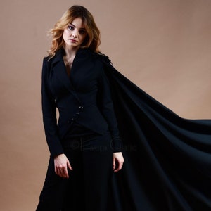 Cape suit with feathers, lace and beads, black suit for women, asymmetrical pants suit