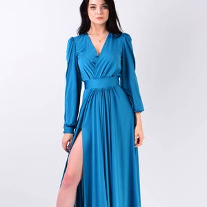 Long Pleated Slit Maxi Dress, Long Sleeves V-Neck Gown | Antonia 2