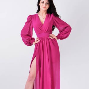 Long Pleated Slit Maxi Dress, Long Sleeves V-Neck Gown | Antonia 2