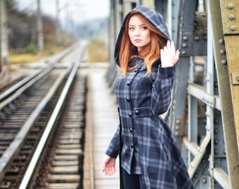 Long Wool Coat with Skirt and Hood, long winter handmade overcoat | Rebecca
