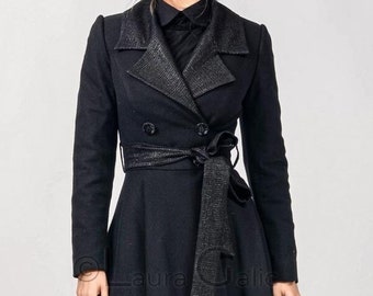 Wrap Classic Collar Coat, Midi Asymmetrical Winter Jacket, For Ladies | Lavinia 2 with belt