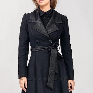 Abrigo cruzado con cuello clásico, chaqueta de invierno midi asimétrica, para mujer / Lavinia 2 con cinturón