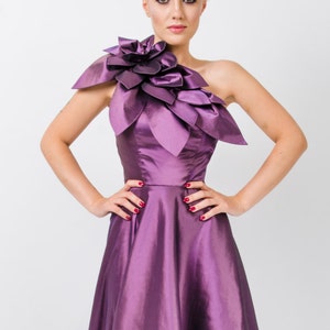 Long Pleated One Shoulder Dress, Maxi Gown With Shoulder Flower | Izaura