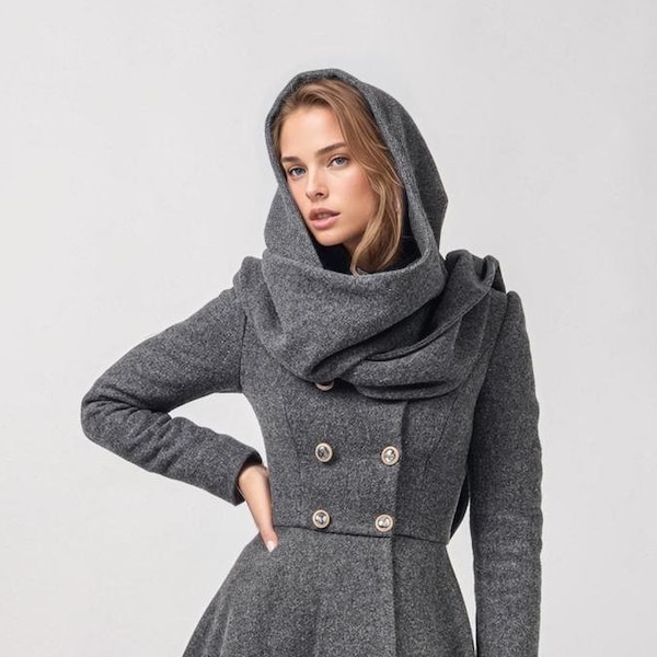 Ladies Jacket, Asymmetrical Coat, Hooded Long Coat, Women's Wear, Made To Order | Miranda 3