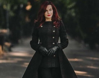 Long Wool Coat with Skirt and Hood, long winter handmade overcoat | Rebecca