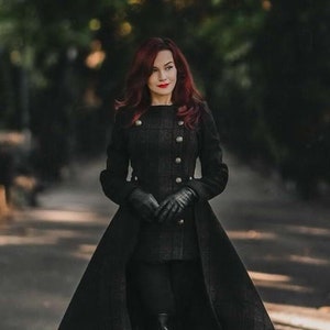 Long Wool Coat with Skirt and Hood, long winter handmade overcoat | Rebecca