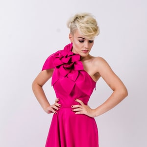 Long Pleated One Shoulder Dress, Maxi Gown With Shoulder Flower | Izaura