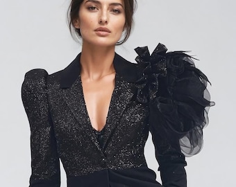 Flavia jacket with organza and feathers power shoulder Haute Couture Long Sleeves Jacket for Women | Flavia