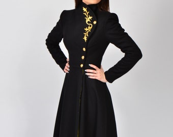 Black Wool Wrap Coat, Embroidered Winter Overcoat