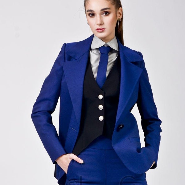 Büro Frauen 3-teiliger Anzug mit enger Hose zweifarbig, Weste Anzug, Einreiher Blazer Jacke | Ramona 3 Stück Dual